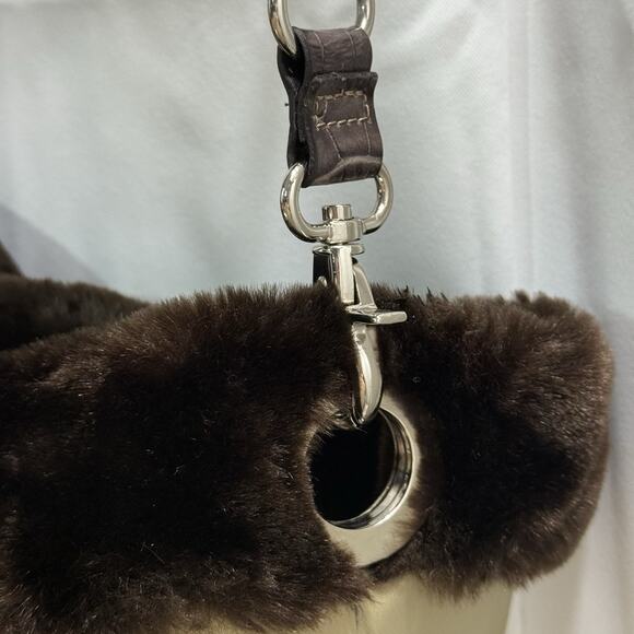 Liz Claiborne Tan Poly Vinyl Brown Faux Fur Trimmed Handbag - Picture 6 of 16